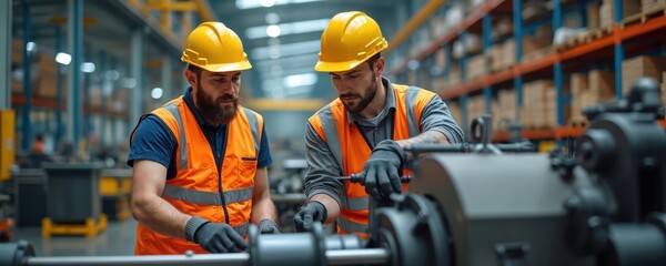 Aufkleber - Two pro engineers in safety helmets and vests checking machinery in industrial manufacturing factory. Men at work in metal workshop at production line. Technician, worker, plant, warehouse employee.