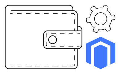 Poster - closed wallet with clasp accompanied by gear and blockchain icon highlighting fintech, payment syste
