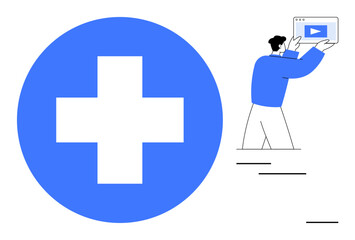 Poster - large blue cross symbol beside a person carrying a display with a play button. ideal for healthcare,