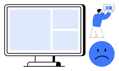 Poster - large monitor with blank interface, person holding a video icon card, blue sad face emoticon. ideal 
