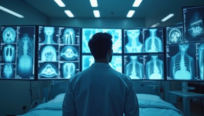 Aufkleber - Doctor examines digital imaging on multiple screens. Digital Twin tech transforms healthcare with ai diagnostic solutions in smart hospital. Advanced medical solutions, future medicine.