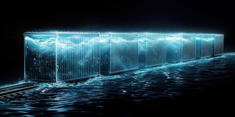 Aufkleber - interconnected shipping global concept. Illuminated structures appear submerged in a flowing body of water, creating a surreal effect.