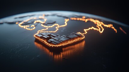 Poster - interconnected shipping global concept. A futuristic cargo ship illuminated at night, floating on a stylized ocean globe.