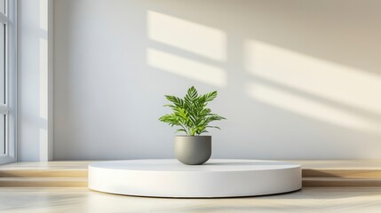 Poster - Minimalist interior scene with potted plant on a white round pedestal.
