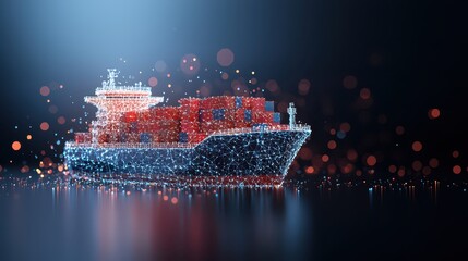 Poster - interconnected shipping global concept. Digital illustration of a cargo ship surrounded by shimmering lights on water.