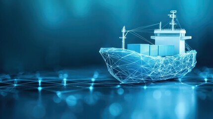 Poster - interconnected shipping global concept. Digital illustration of a cargo ship on a blue abstract background.