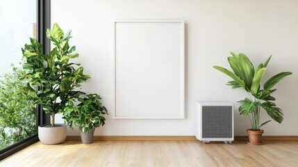 Poster - White room interior with large blank frame, potted plants, and air purifier.
