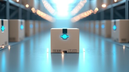 Poster - interconnected shipping global concept. A futuristic delivery box surrounded by glowing lights in a warehouse setting.