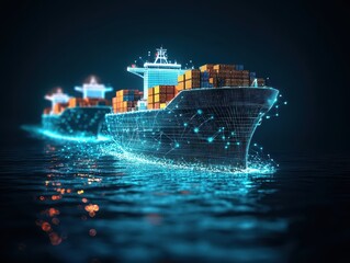 Poster - interconnected shipping global concept. Digital rendering of cargo ships sailing through illuminated waters at night.