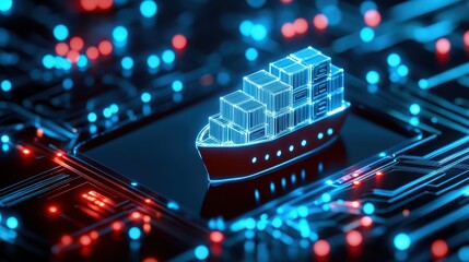 Poster - interconnected shipping global concept. Futuristic cargo ship on a circuit board with glowing blue and red lights.
