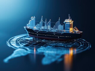 Poster - interconnected shipping global concept. Digital illustration of a cargo ship with a holographic world map background.