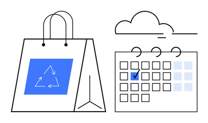 Poster - reusable shopping bag featuring recycling arrows beside a calendar marked with a task under a cloud.