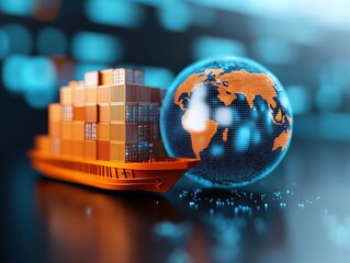 Poster - interconnected shipping global concept. Digital representation of global trade with a cargo ship and a globe.