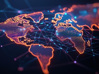 Fototapete - interconnected shipping global concept. Digital world map with glowing connections and nodes representing global networks.