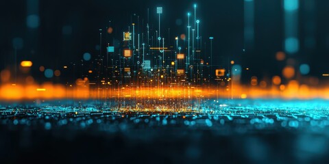Poster - interconnected shipping global concept. Futuristic digital cityscape with vibrant colors and abstract elements.