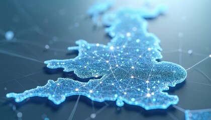 Poster - Illustration United Kingdom communication network map. Digital network infrastructure design emphasizing satellites role, connectivity, information exchange. Visualisation global technology data