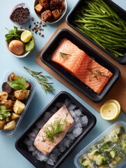 Poster - Meal Kit Flat Lay Featuring Fresh and Frozen Meal Options With Detailed Presentation of Ingredients and Preparation