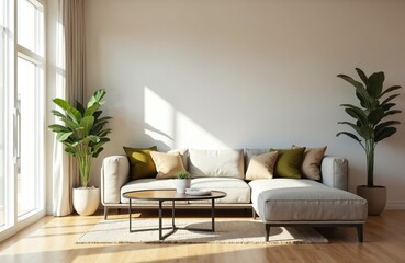 Poster - Modern living room interior design with white walls, big window and sunlight. Comfortable sofa with pillows, rug and coffee table. Potted plants decoration. Elegant, stylish apartment.