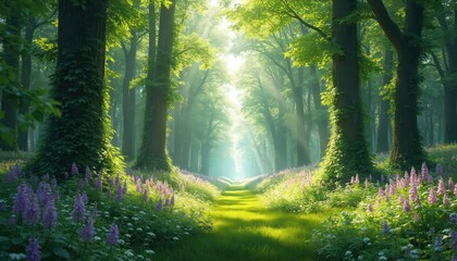 Poster - Rich green forest with tall trees, carpet wildflowers, sunlight through canopy. Scenic path leads to light, trees create tunnel. Nature walk, peaceful environment.