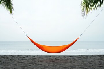 Aufkleber - summer fruit beach concept. A tranquil beach scene featuring an orange hammock between palm trees and a calm ocean backdrop.