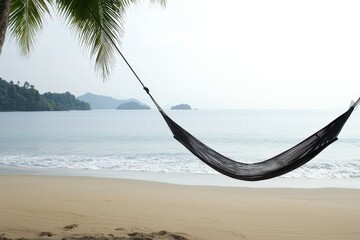Aufkleber - summer fruit beach concept. A tranquil beach scene with a hammock swaying between palm trees.