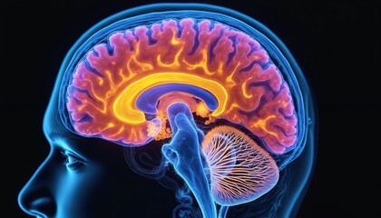 Poster - Brain SPECT imaging showing neurodegenerative disease. 3D render of human brain with highlights. Medical illustration for neurology, healthcare, science research.