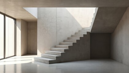 Poster - Modern minimalist concrete stairwell interior design. Empty space, geometric shapes, strong shadows. Architecture, building, contemporary, simple style. Grey walls, lines, floor. Industrial