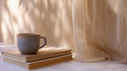 Aufkleber - Sunlit Windowsill Featuring Summer Books and a Cozy Ceramic Cup