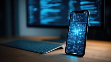 Poster - Modern Smartphone Displaying Digital Interface in Dark Mode With Computer in Background