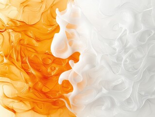 Poster - marshmallows campfire sticks concept. Abstract orange and white fluid shapes blend together, creating a dynamic visual contrast.