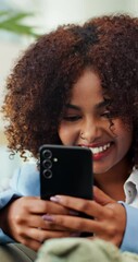 Aufkleber - Phone, happy and businesswoman in office with communication, contact or network for creative career. Cellphone, laugh and female designer with email for client feedback on magazine publishing.