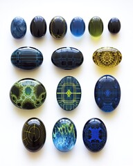 Poster - Unique Fractal Gemstones Arranged on a White Surface Showcasing Intricate Patterns and Colors