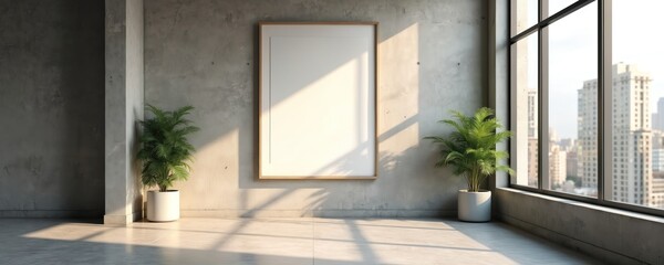 Aufkleber - Empty picture frame in modern minimalist loft apartment with city view. Blank canvas art display. Sunlight, shadows create mood. Interior design project real estate theme for product presentation.