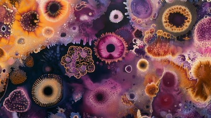 Fototapete - Abstract art featuring vibrant, swirling colors and organic shapes resembling cells or microorganisms.