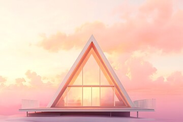Poster - A minimalistic A-frame cabin with pastel sunset skies, soft pink, orange, and lavender 