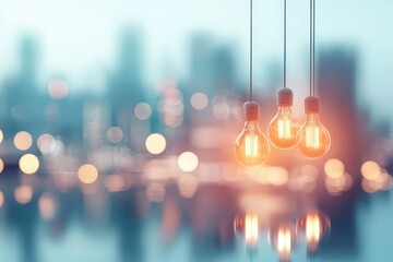 Poster - business bright idea concept. Hanging light bulbs with a blurred city background create a modern, artistic ambiance.