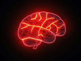 Poster - business bright idea concept. 3D rendering of a glowing brain in a wireframe design against a dark background.