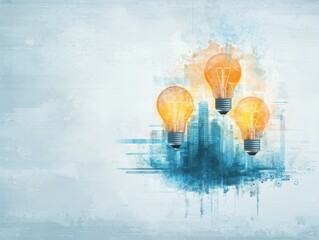 Poster - business bright idea concept. Abstract illustration of city skyline with glowing light bulbs, symbolizing innovation and ideas.