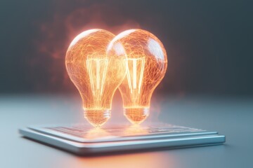 Poster - business bright idea concept. Illuminated light bulbs with a wireframe design glowing on a surface.