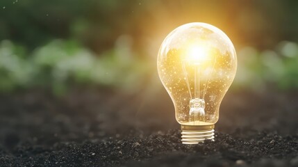 Poster - business bright idea concept. Light bulb glowing in soil, symbolizing innovation and growth in nature.