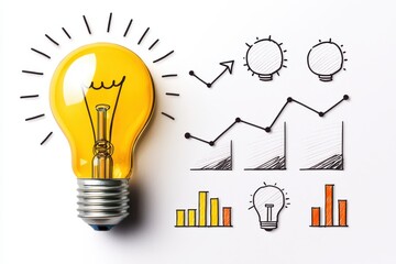 Poster - business bright idea concept. Light bulb with business graphs symbolizes innovation and growth in a creative workspace.