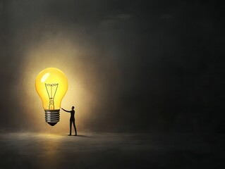 Poster - business bright idea concept. A figure holds a large light bulb, symbolizing ideas and inspiration in a dark setting.