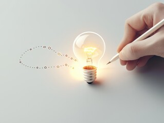 Poster - business bright idea concept. A hand sketches a glowing light bulb, symbolizing creativity and innovation.