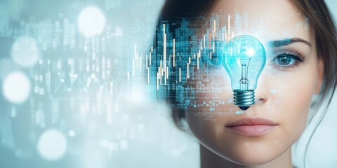 Poster - business bright idea concept. Woman's face with a lightbulb graphic, symbolizing innovation and technology.