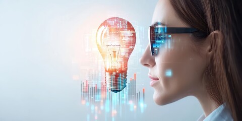 Aufkleber - business bright idea concept. A woman with glasses contemplates a light bulb, symbolizing innovation and technology.
