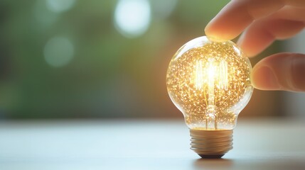 Poster - business bright idea concept. A hand adjusts a glowing light bulb, creating a warm and inviting atmosphere.