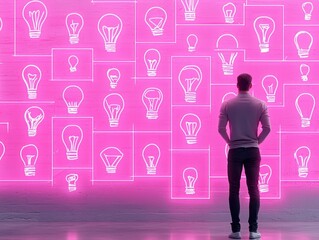 Poster - business bright idea concept. A person gazes at a vibrant wall filled with light bulb illustrations.