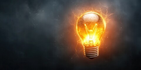 Poster - business bright idea concept. Illuminated light bulb with electric sparks on a dark background.