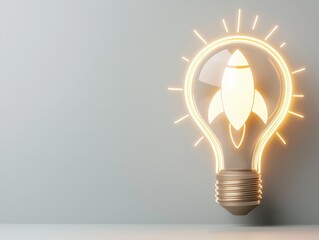 Poster - business bright idea concept. Light bulb design featuring a rocket symbolizing innovation and creativity.