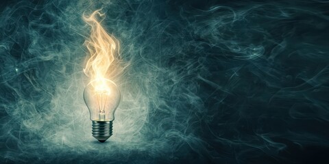 Poster - business bright idea concept. Bright light bulb emitting flames against a textured dark background.